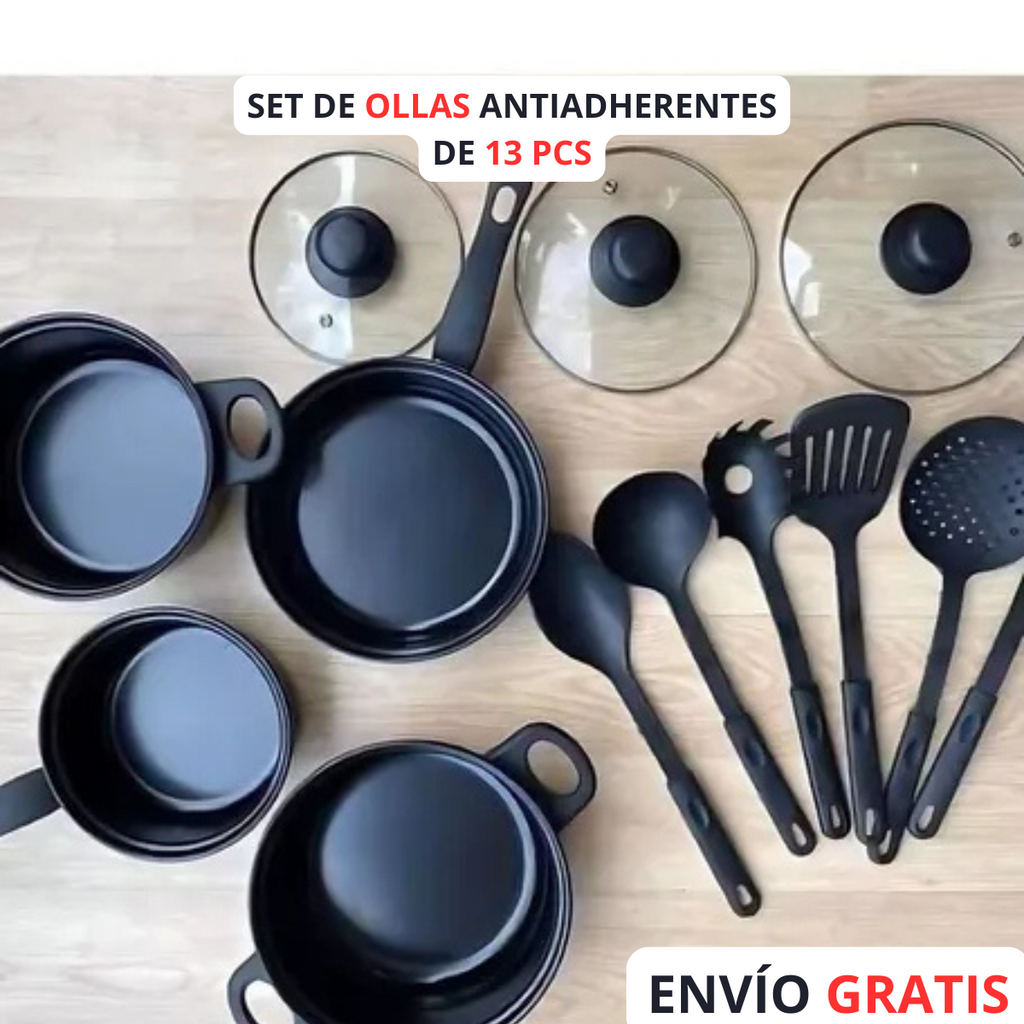 Set de Ollas 🍳 Antiadherentes de 13 Pcs 👨‍🍳 (Incluye Utensidios de Cocina)